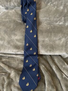 Vintage -Navy Blue Men's Patterned Silk Tie with Gold Crest Motif